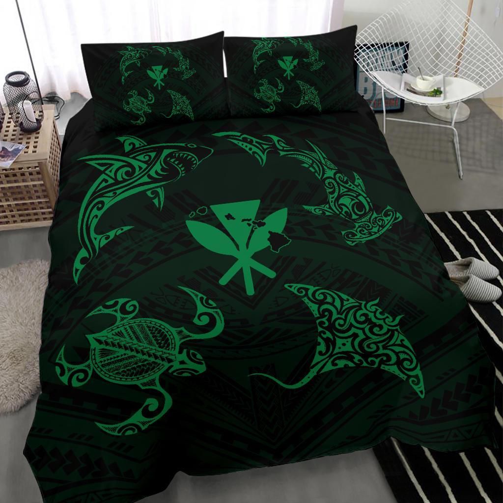 polynesian turtle hammerhead shark ray kanaka hawaii circle green duvet cover bedding set 6244