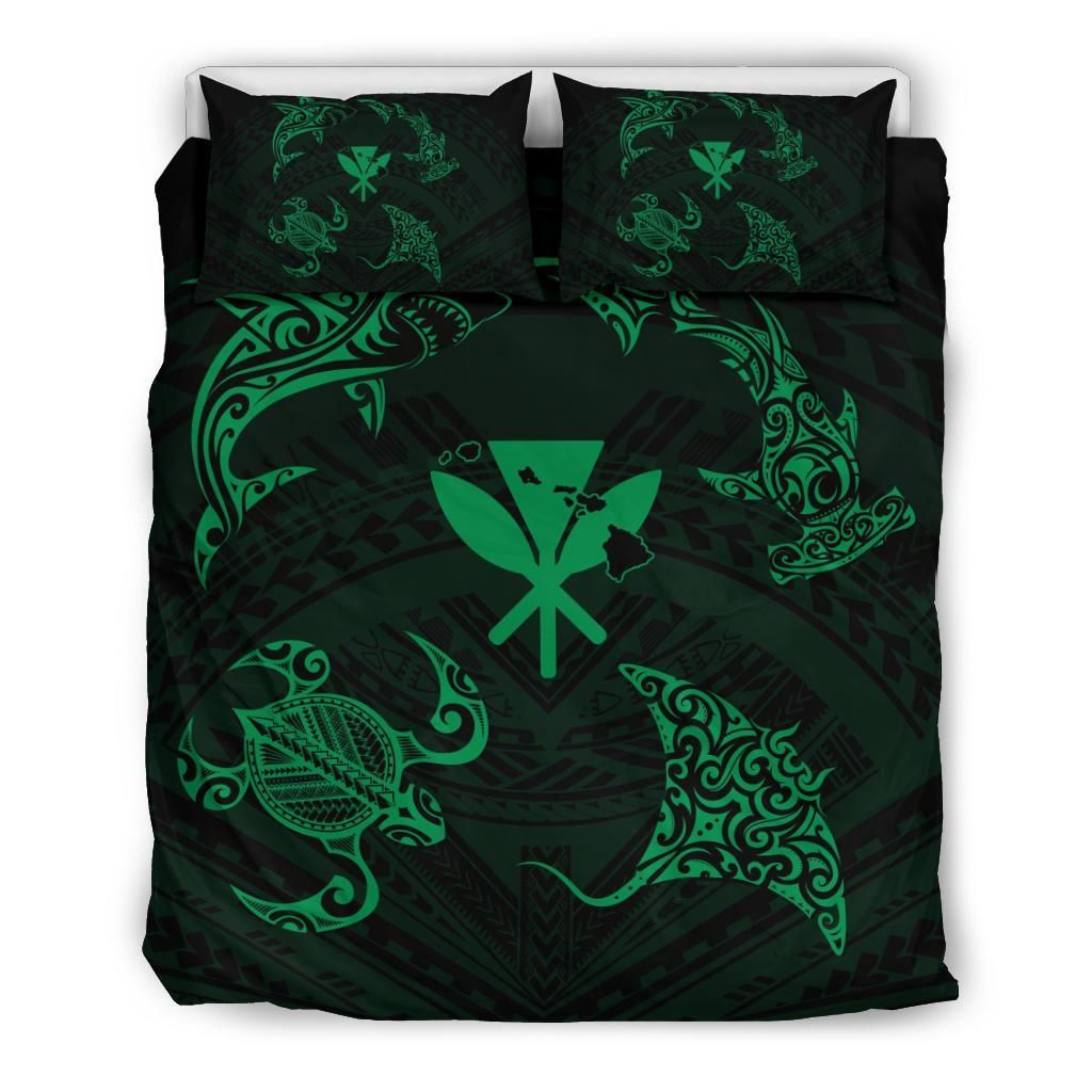 polynesian turtle hammerhead shark ray kanaka hawaii circle green duvet cover bedding set 6603