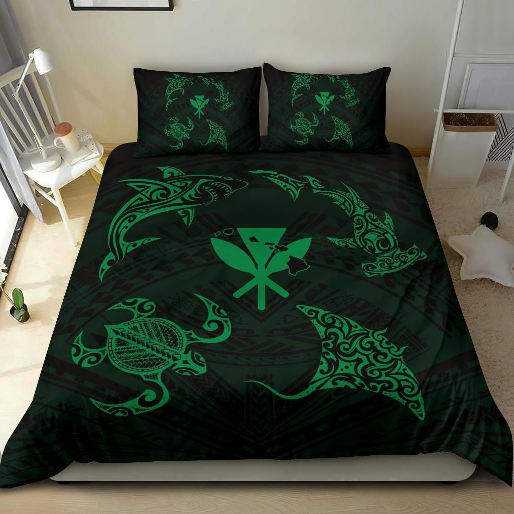 polynesian turtle hammerhead shark ray kanaka hawaii circle green duvet cover bedding set 7419