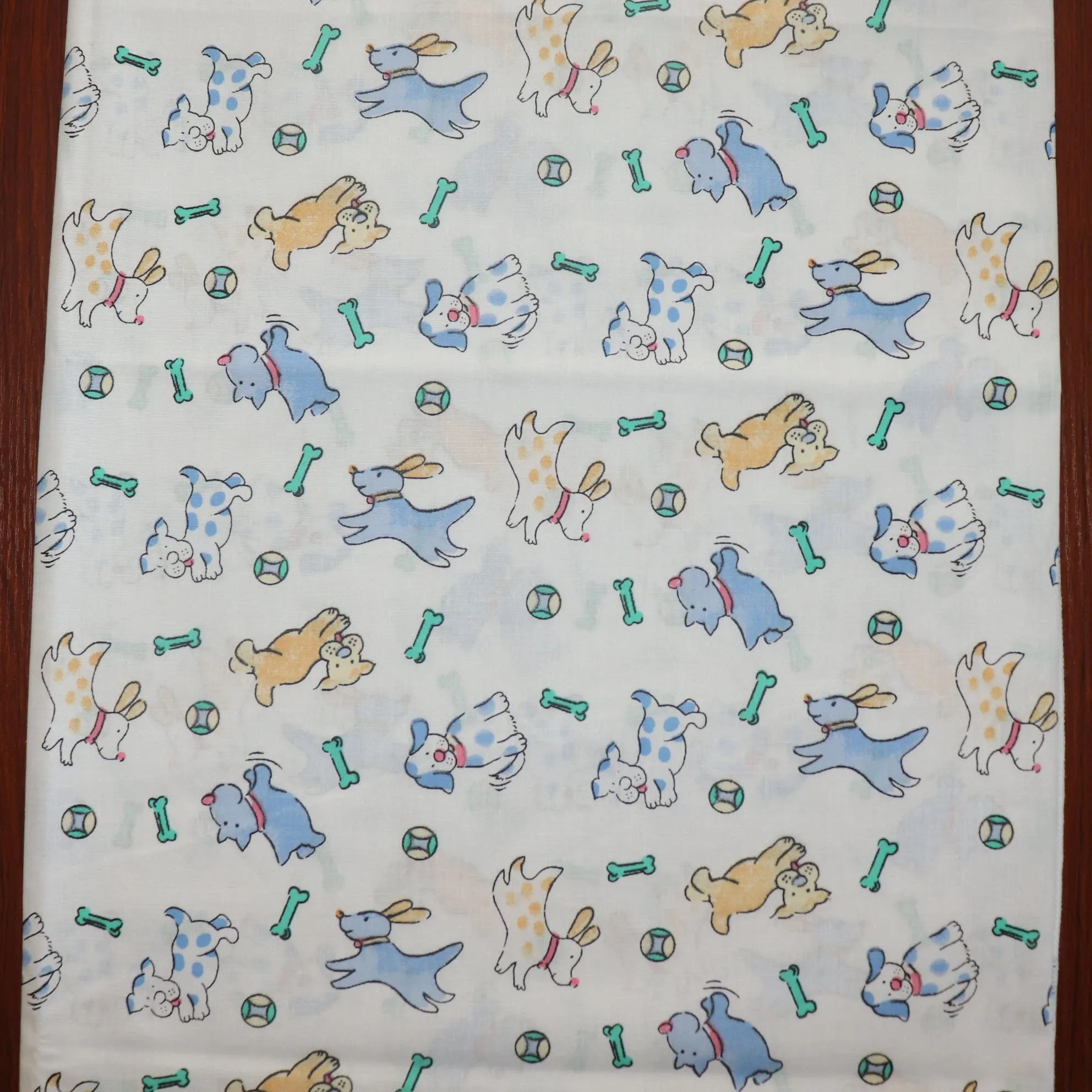 printed table runner background animal puppies chasing ball and bone blue on white 5477