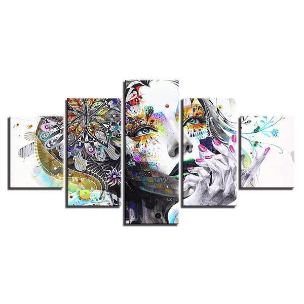 psychedelic girl with flower abstract 5 panel canvas art wall decor 2957