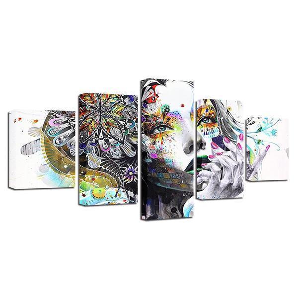 psychedelic girl with flower abstract 5 panel canvas art wall decor 5219
