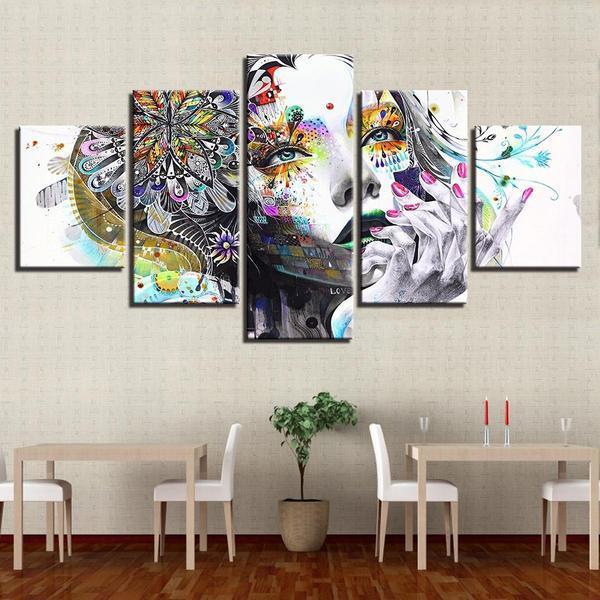 psychedelic girl with flower abstract 5 panel canvas art wall decor 6578