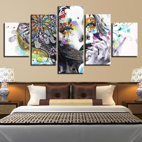 psychedelic girl with flower abstract 5 panel canvas art wall decor 7407