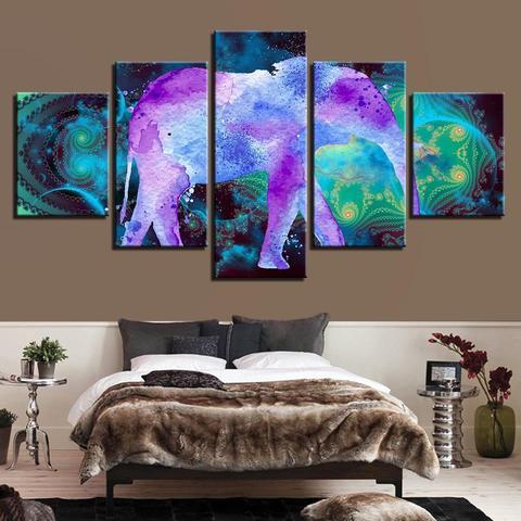 psychedelic purple elephant abstract animal 5 panel canvas art wall decor 6148