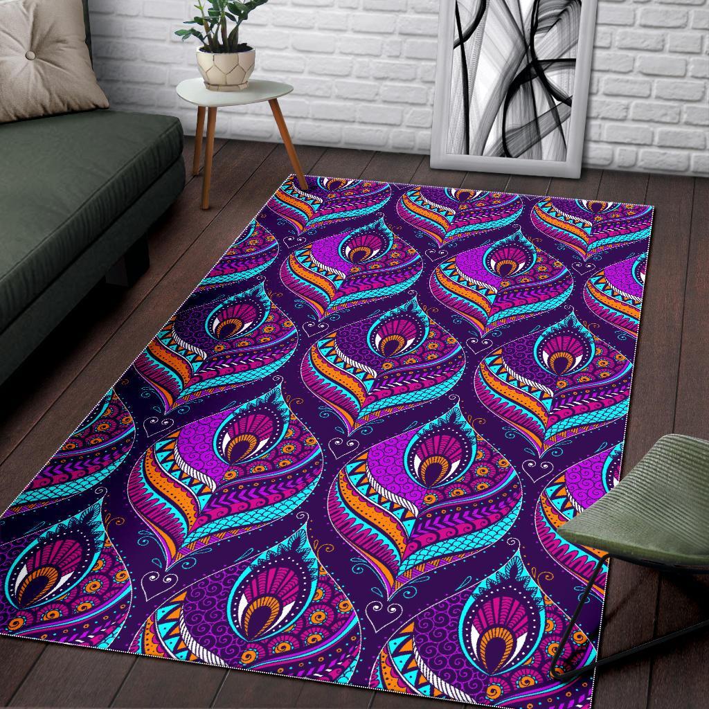 purple bohemian peacock feather print area rug floor decor 1625