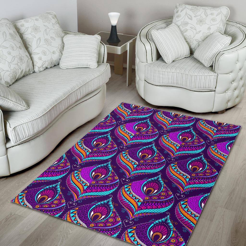 purple bohemian peacock feather print area rug floor decor 7190