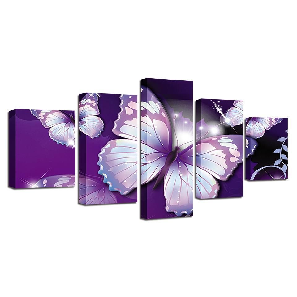 purple butterflies abstract animal 5 panel canvas art wall decor 4600