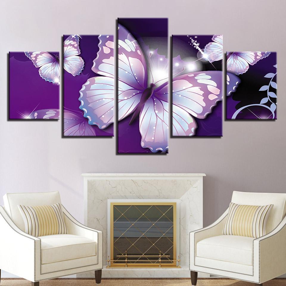 purple butterflies abstract animal 5 panel canvas art wall decor 7035