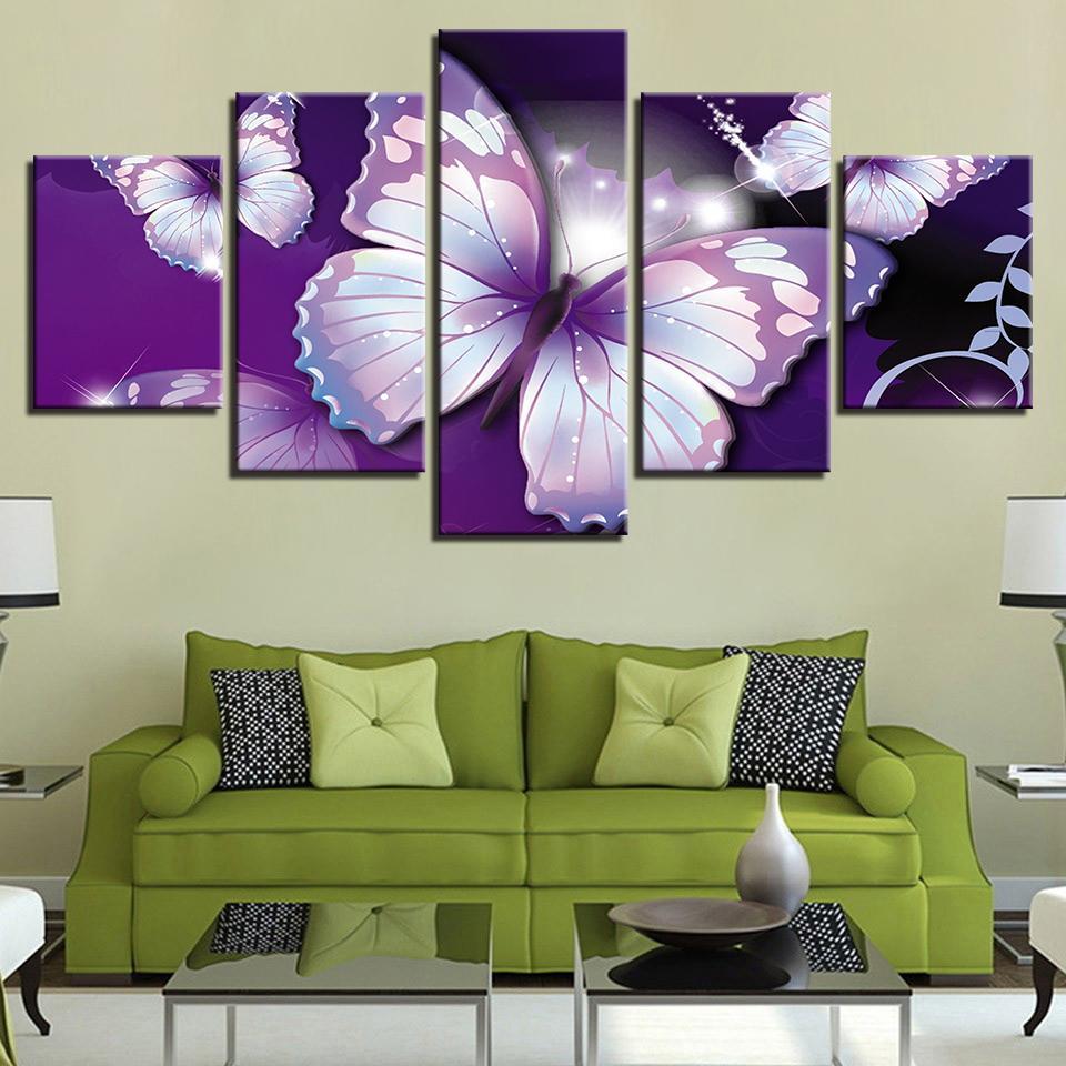 purple butterflies abstract animal 5 panel canvas art wall decor 7824