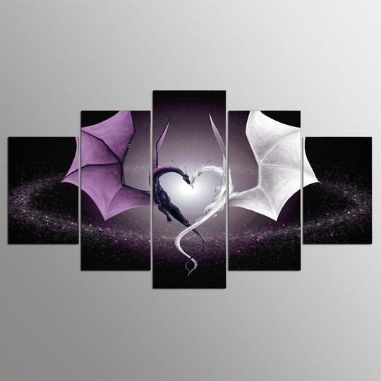 Purple Dragon White Dragon Heart - Abstract 5 Panel Canvas Art Wall Decor purple dragon white dragon heart abstract 5 panel canvas art wall decor 1208