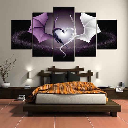Purple Dragon White Dragon Heart - Abstract 5 Panel Canvas Art Wall Decor purple dragon white dragon heart abstract 5 panel canvas art wall decor 2986