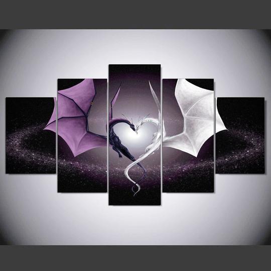Purple Dragon White Dragon Heart - Abstract 5 Panel Canvas Art Wall Decor purple dragon white dragon heart abstract 5 panel canvas art wall decor 7489