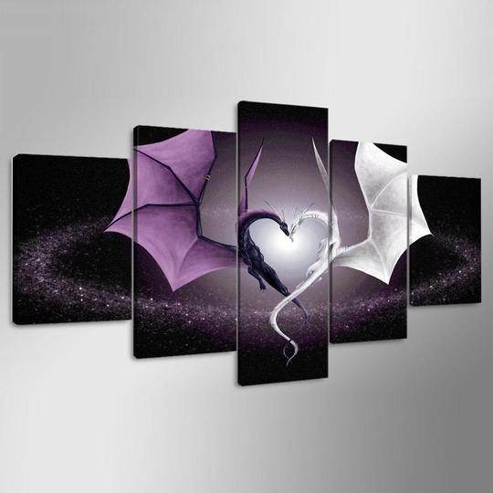 Purple Dragon White Dragon Heart - Abstract 5 Panel Canvas Art Wall Decor purple dragon white dragon heart abstract 5 panel canvas art wall decor 7610