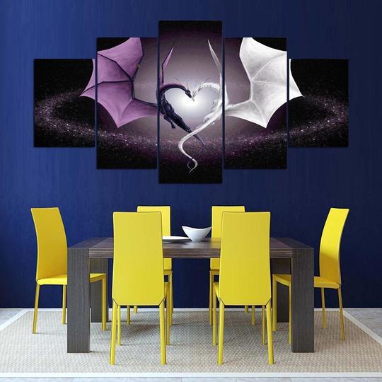 Purple Dragon White Dragon Heart - Abstract 5 Panel Canvas Art Wall Decor purple dragon white dragon heart abstract 5 panel canvas art wall decor 7750