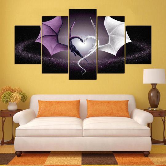 Purple Dragon White Dragon Heart - Abstract 5 Panel Canvas Art Wall Decor purple dragon white dragon heart abstract 5 panel canvas art wall decor 8856