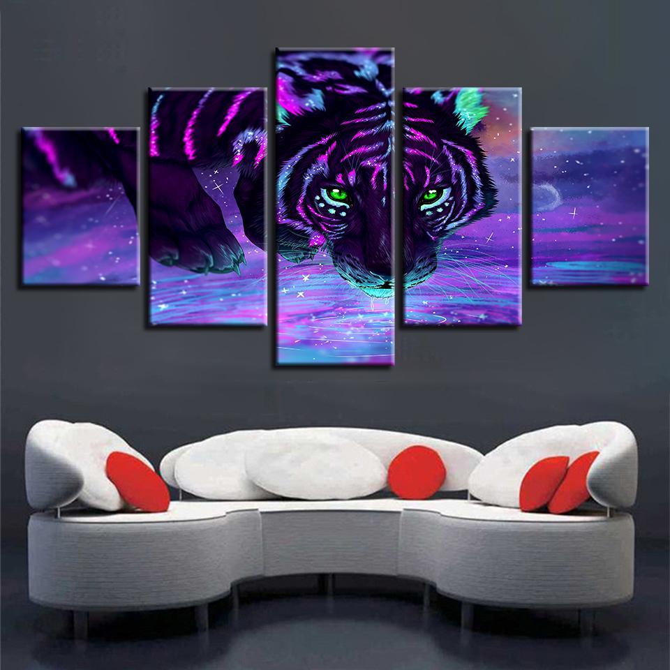 purple fluorescent tiger abstract animal 5 panel canvas art wall decor 1434