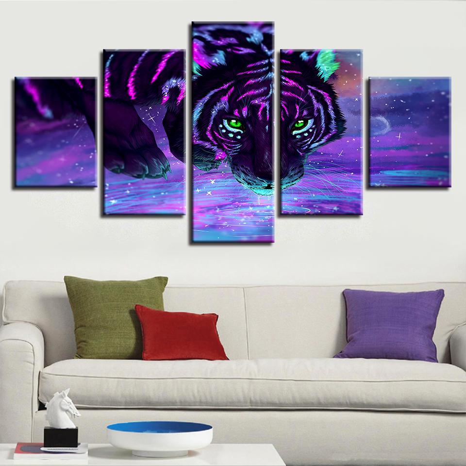 purple fluorescent tiger abstract animal 5 panel canvas art wall decor 2715