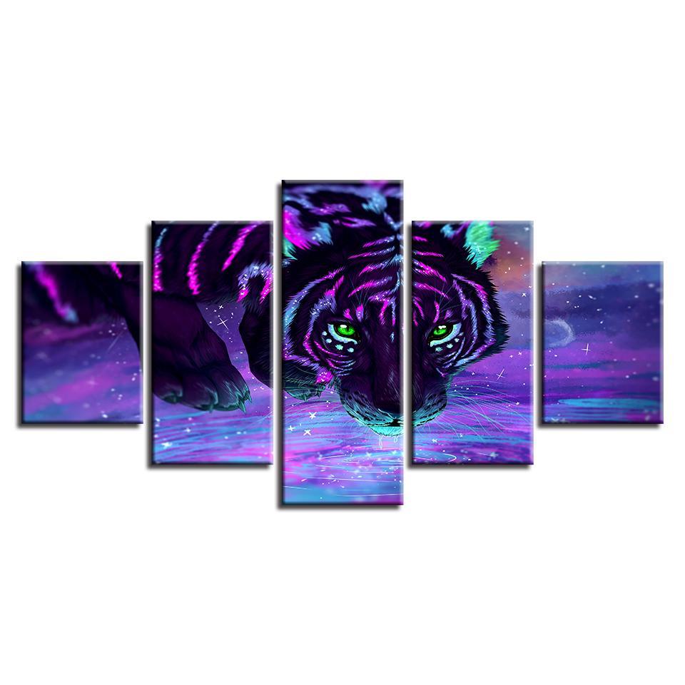 purple fluorescent tiger abstract animal 5 panel canvas art wall decor 3931