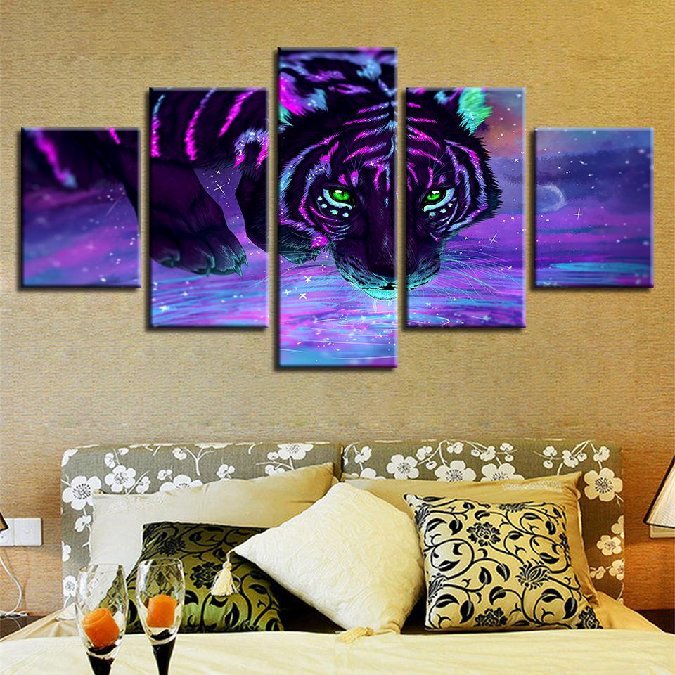 purple fluorescent tiger abstract animal 5 panel canvas art wall decor 7665