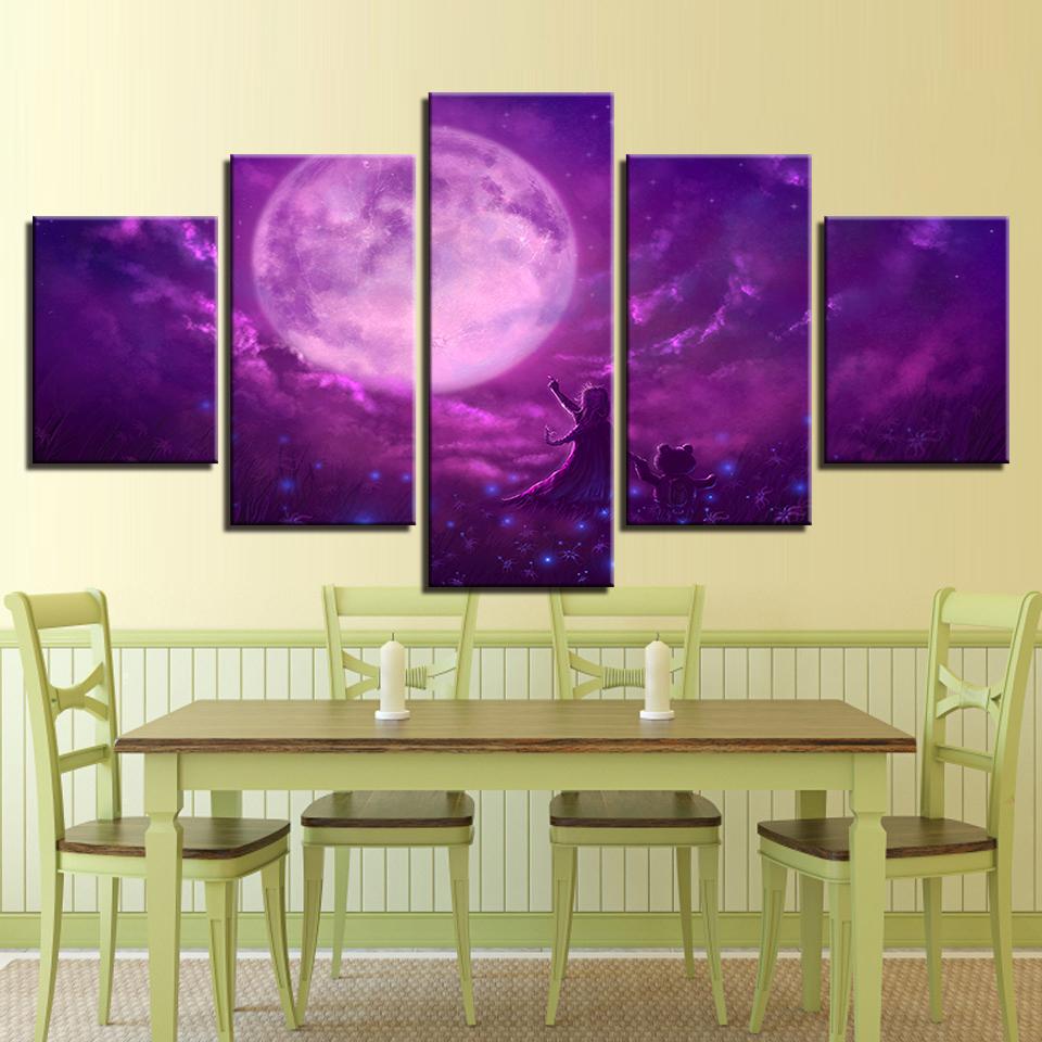 purple sky abstract moon night space 5 panel canvas art wall decor 1691