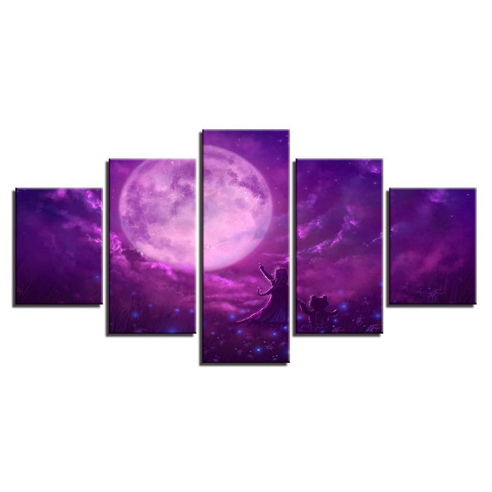 purple sky abstract moon night space 5 panel canvas art wall decor 5115