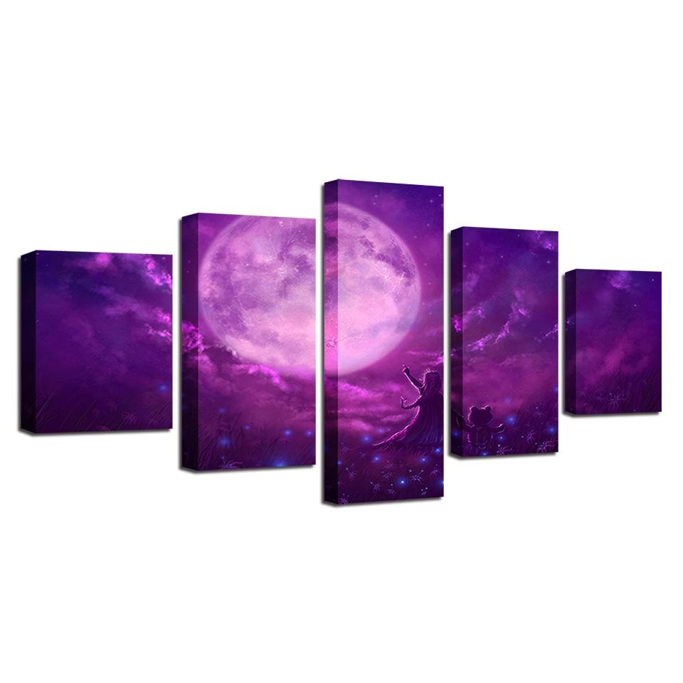 purple sky abstract moon night space 5 panel canvas art wall decor 5304