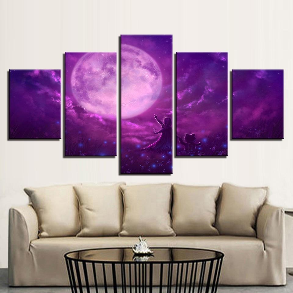 purple sky abstract moon night space 5 panel canvas art wall decor 6661