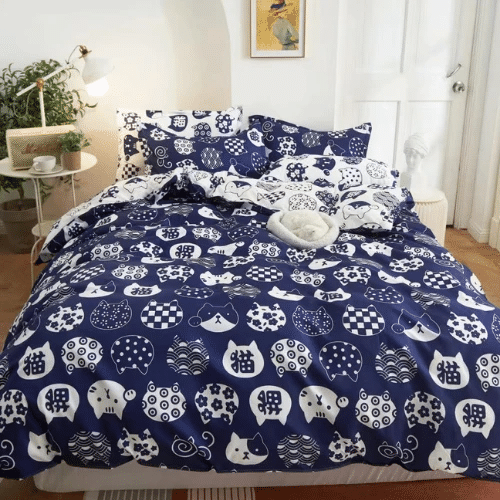 Queen/double Size Bedding Set Of 6 Pieces, Blue With Cat Face Design. queendouble size bedding set of 6 pieces blue with cat face design 3062