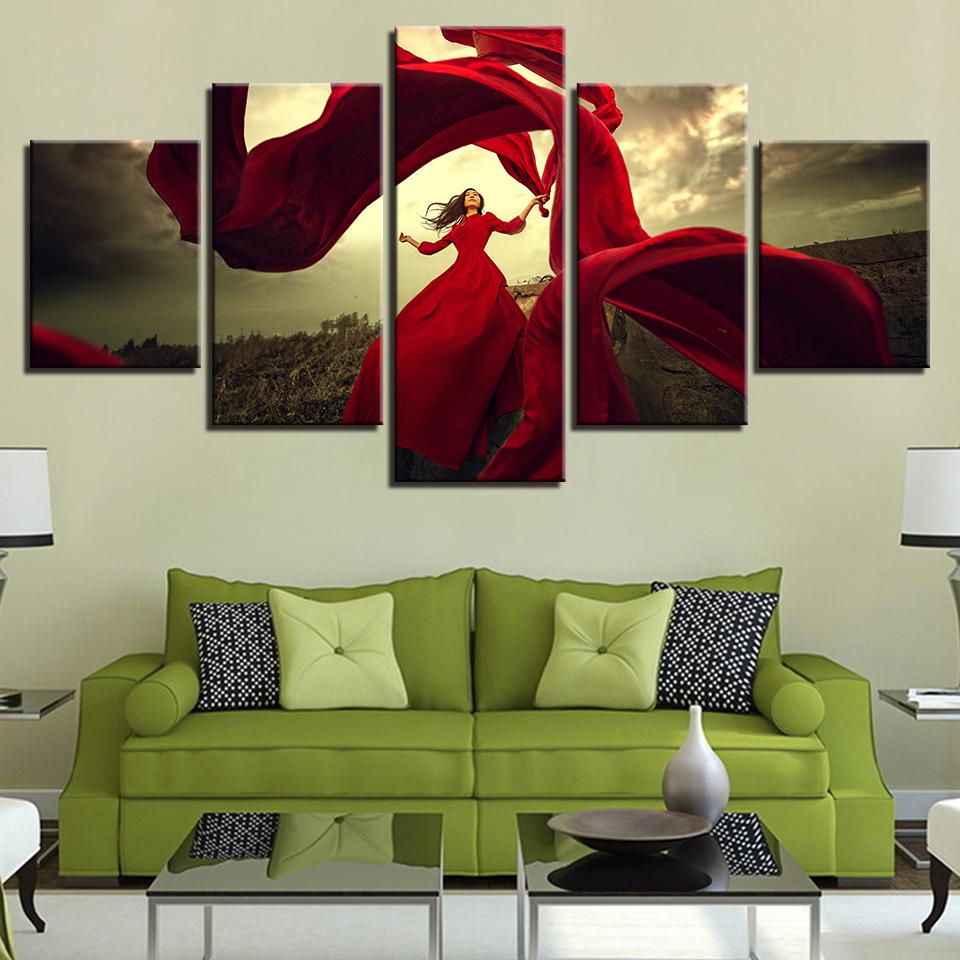 red dress girl pictures dancing skirt in the wind abstract 5 panel canvas art wall decor 6483