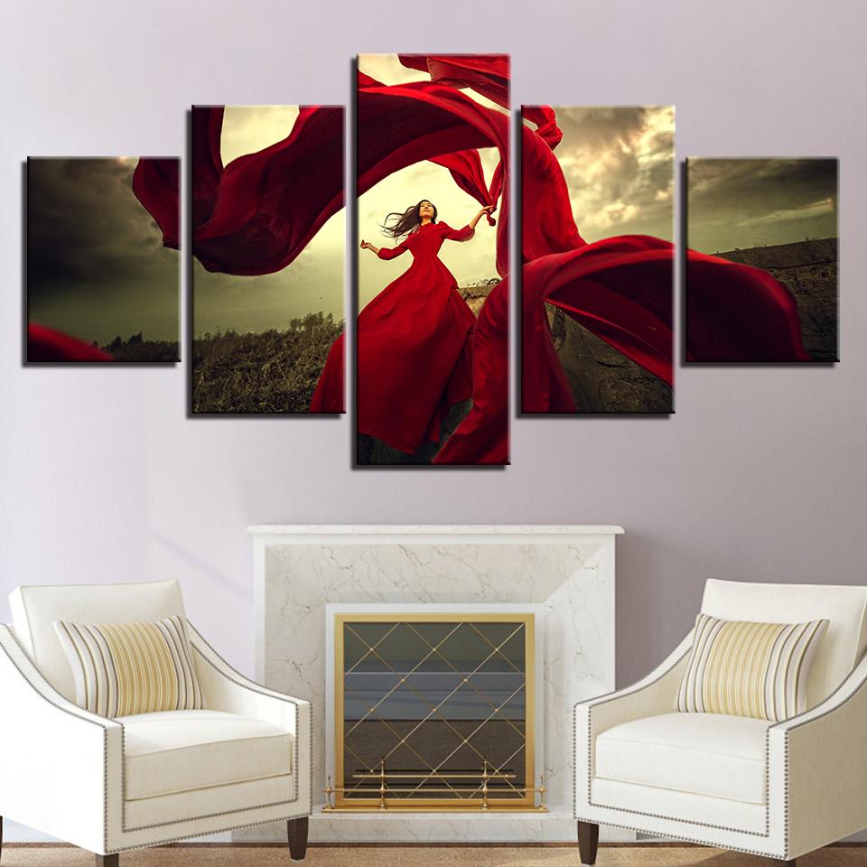 red dress girl pictures dancing skirt in the wind abstract 5 panel canvas art wall decor 7726
