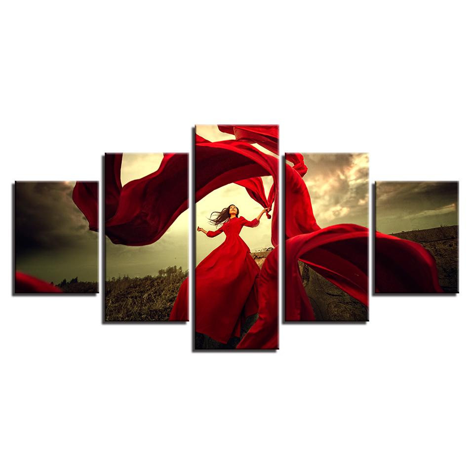 red dress girl pictures dancing skirt in the wind abstract 5 panel canvas art wall decor 8262
