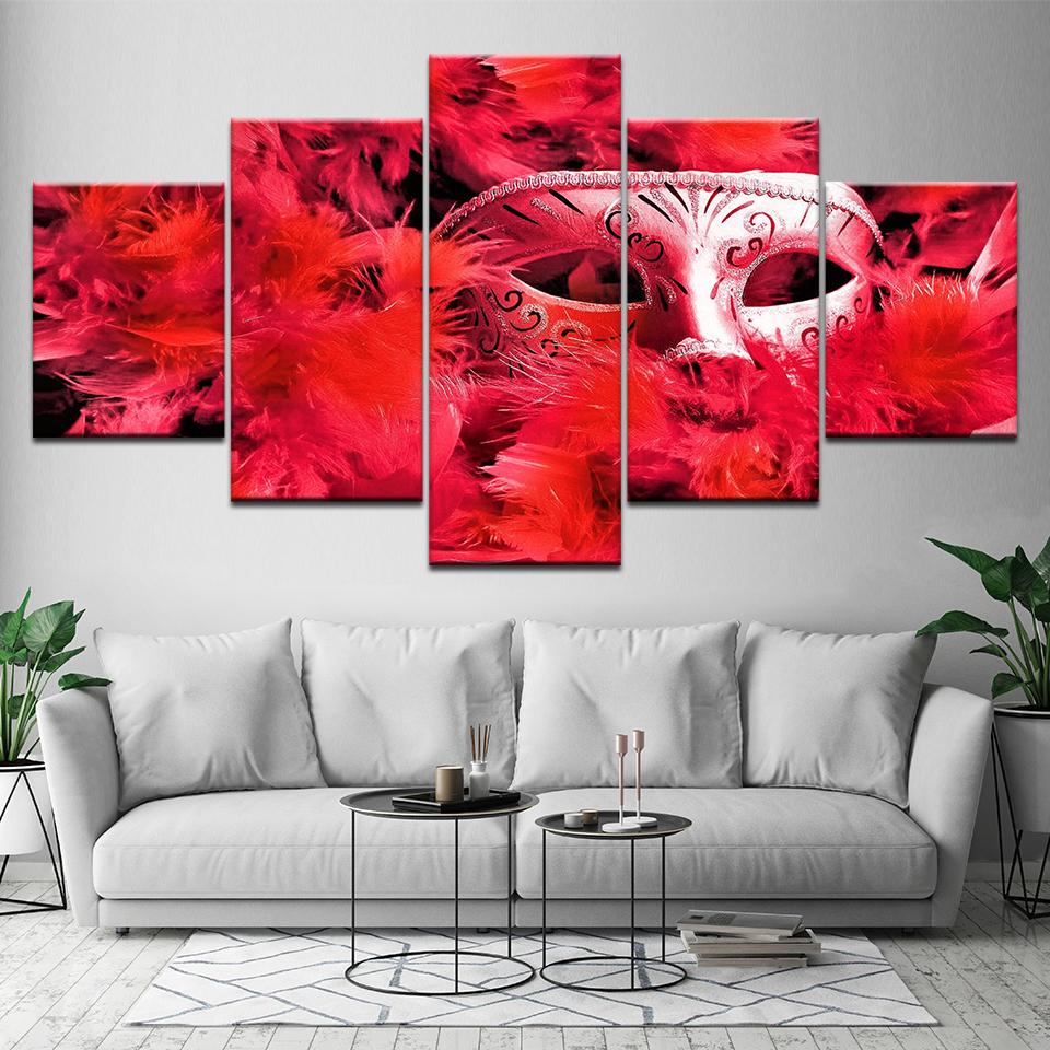 red feather mask abstract 5 panel canvas art wall decor 4310