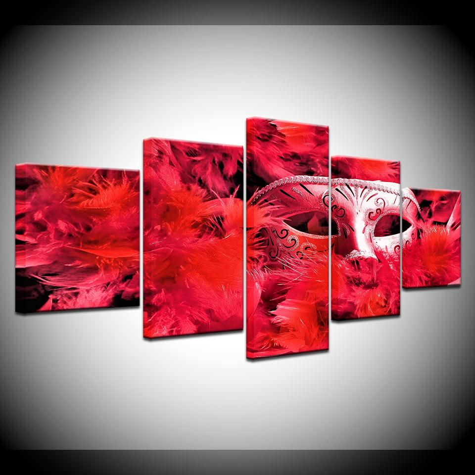 red feather mask abstract 5 panel canvas art wall decor 5078