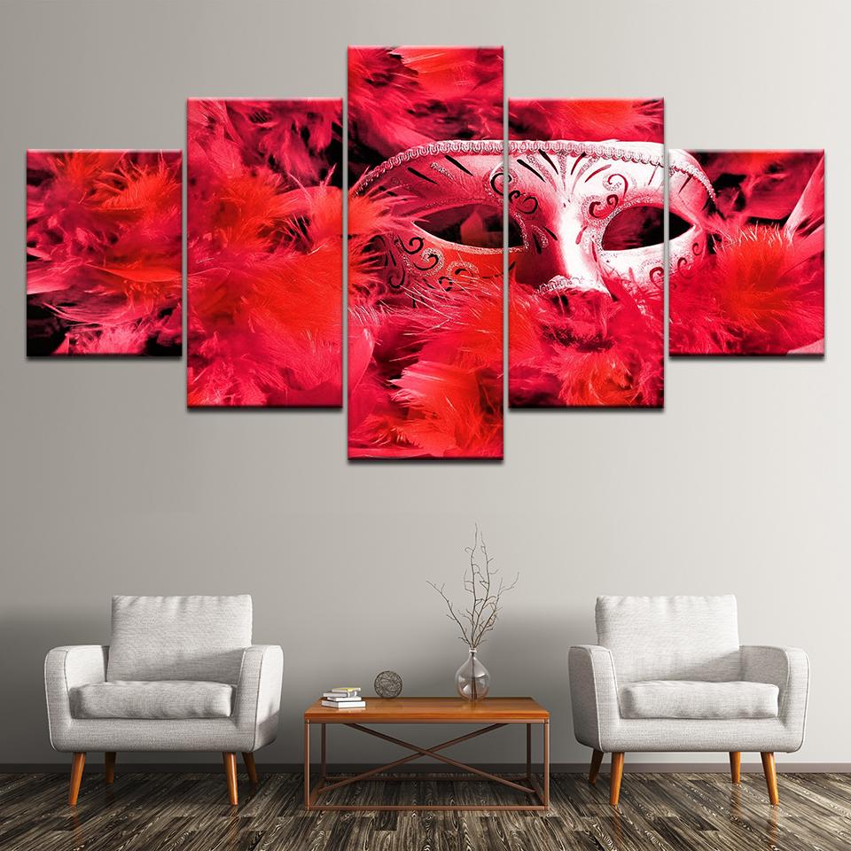 red feather mask abstract 5 panel canvas art wall decor 5857