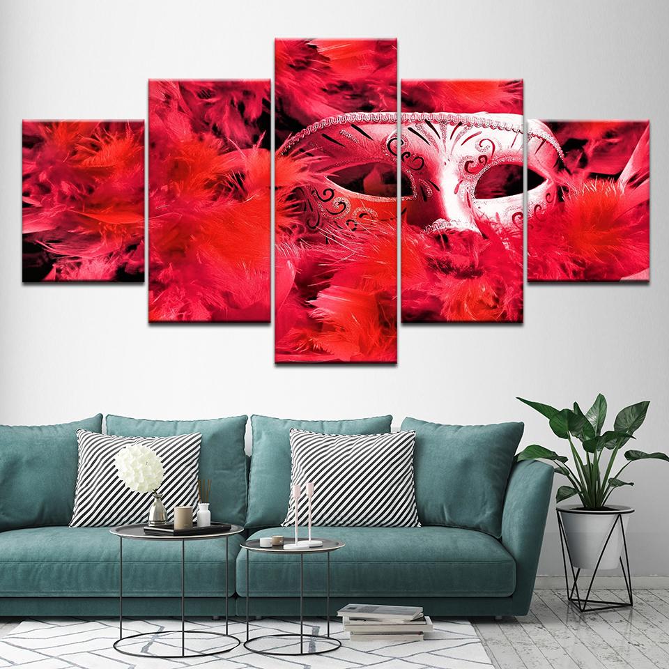 red feather mask abstract 5 panel canvas art wall decor 6191