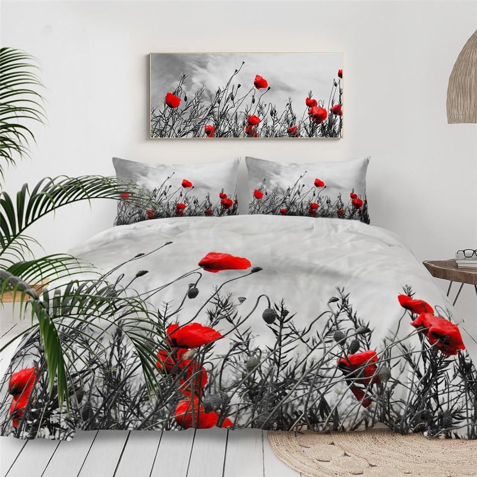 Red Flowers On Grey Day Duvet Cover Bedding Set red flowers on grey day duvet cover bedding set 6399