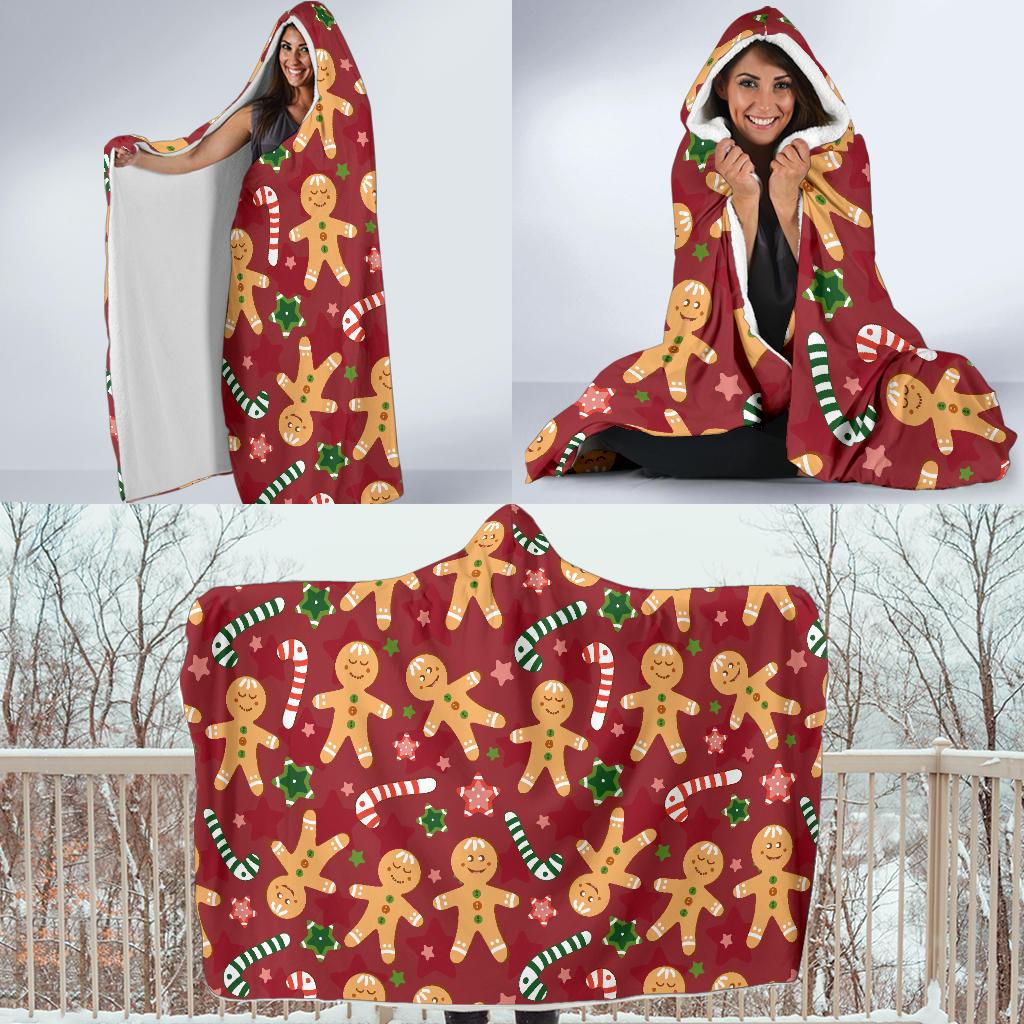 red gingerbread man chirstmas pattern print hooded blanket cloak blanket 7208
