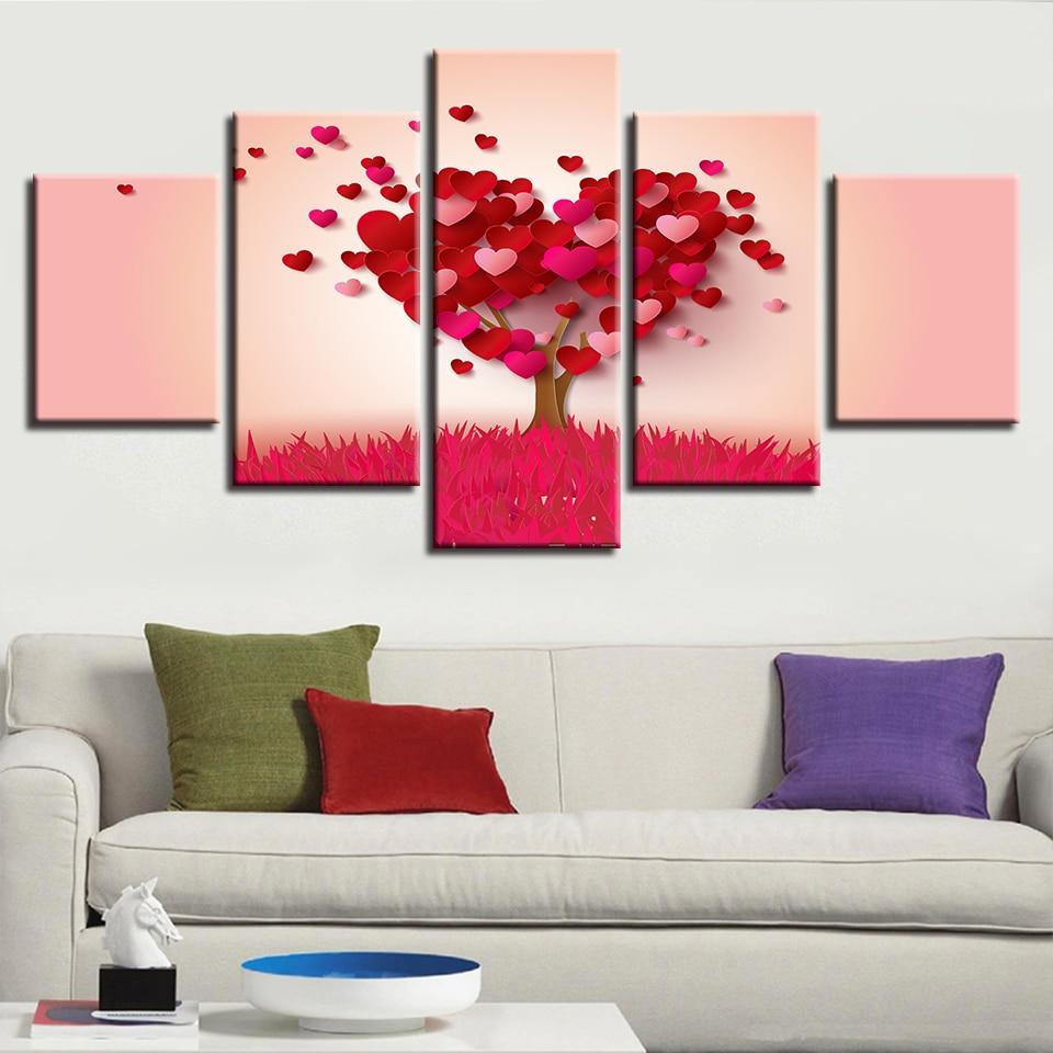 Red Heart Shape Trees - Abstract 5 Panel Canvas Art Wall Decor ...