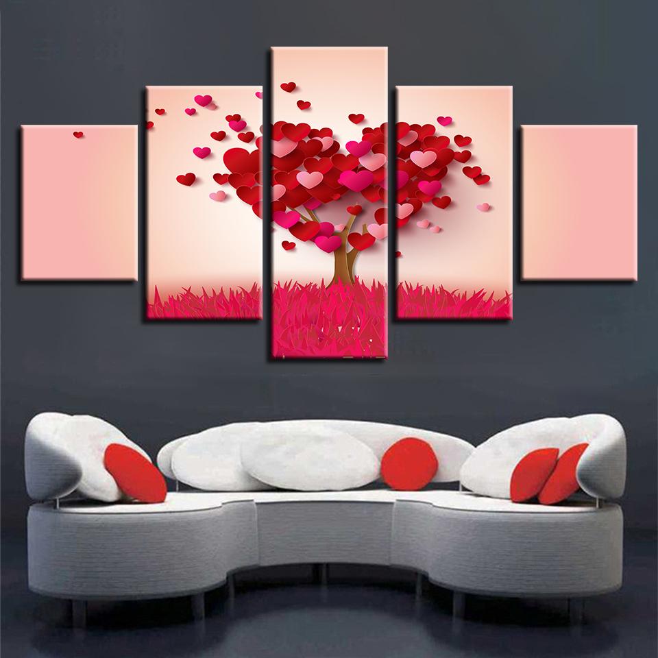 Red Heart Shape Trees - Abstract 5 Panel Canvas Art Wall Decor - Teehall