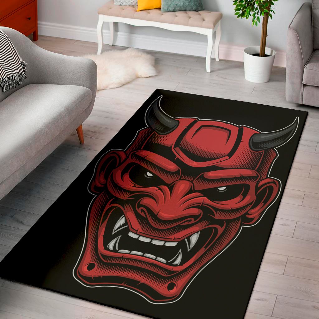 red japanese demon mask print area rug floor decor 8541