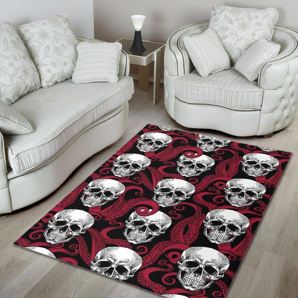red octopus skull pattern print area rug floor decor 3443