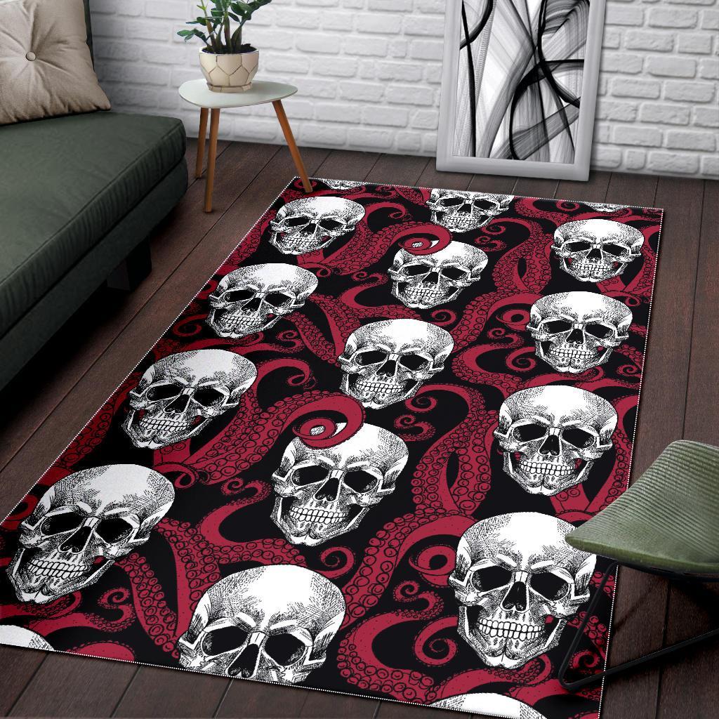 red octopus skull pattern print area rug floor decor 3638