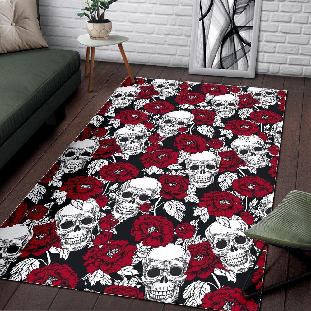 Red Peony Skull Pattern Print Area Rug Floor Decor red peony skull pattern print area rug floor decor 4619