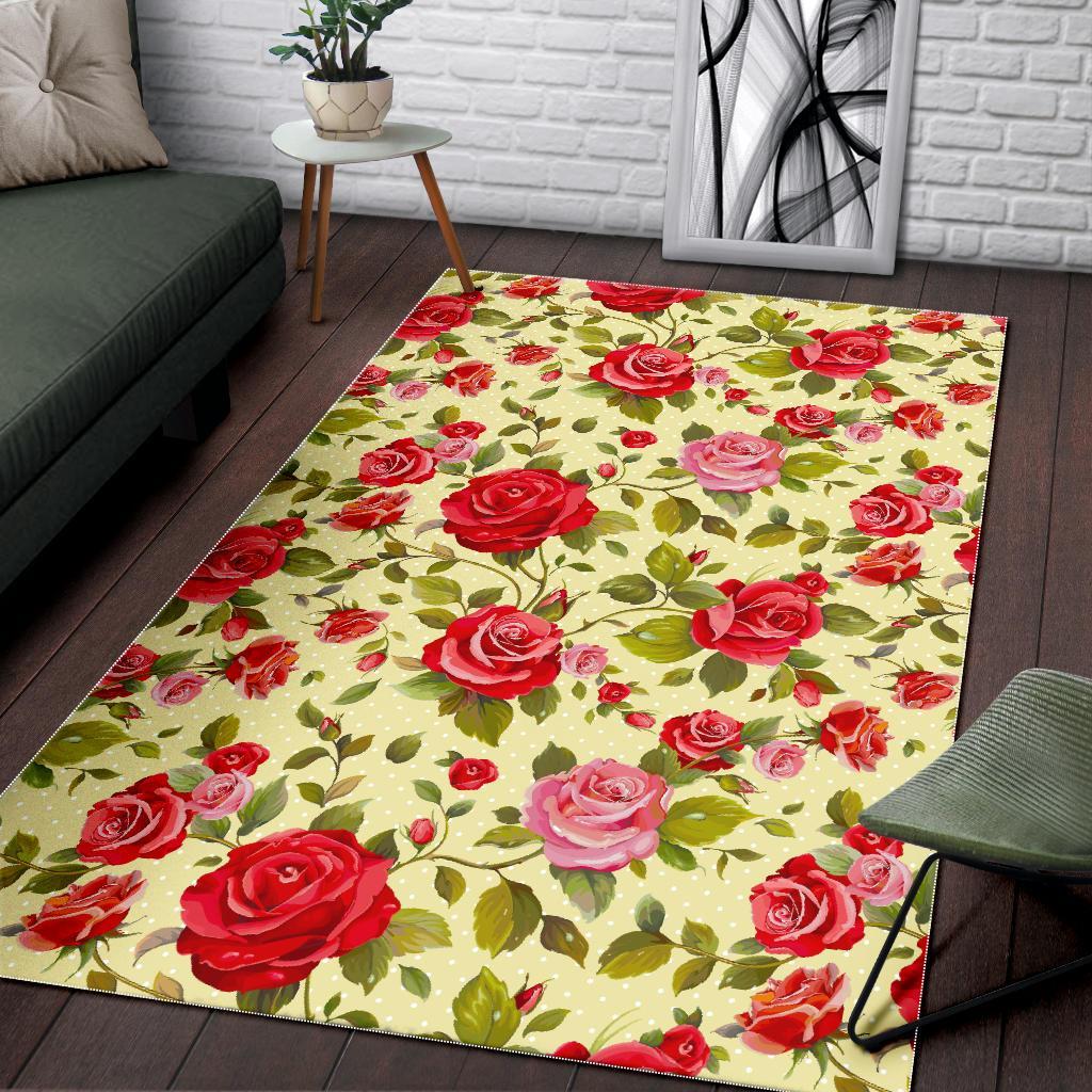 red pink rose floral pattern print area rug floor decor 2388