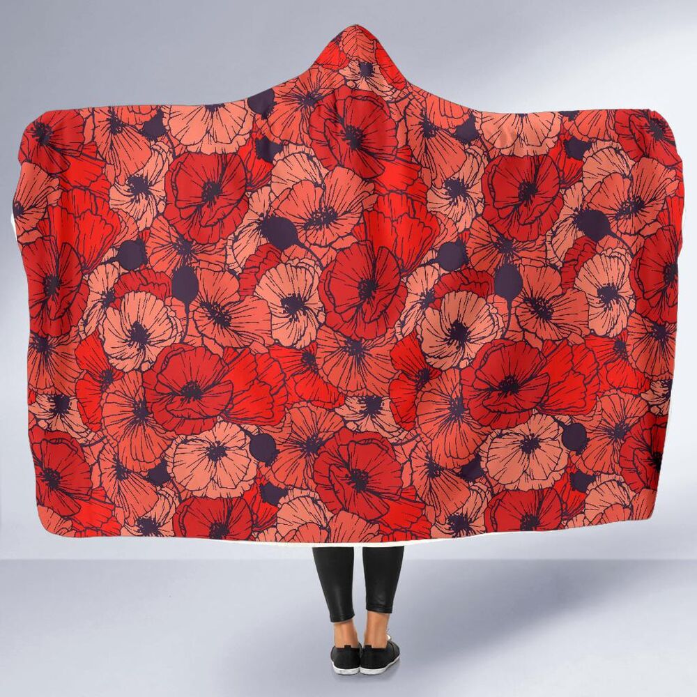Red Poppy Floral Pattern Print Hooded Blanket Cloak Blanket red poppy floral pattern print hooded blanket cloak blanket 1998