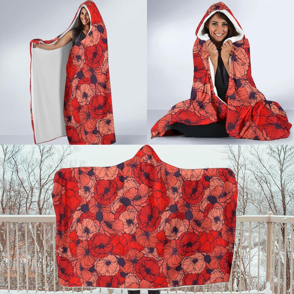 Red Poppy Floral Pattern Print Hooded Blanket Cloak Blanket red poppy floral pattern print hooded blanket cloak blanket 7707