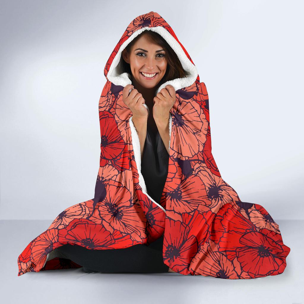 Red Poppy Floral Pattern Print Hooded Blanket Cloak Blanket red poppy floral pattern print hooded blanket cloak blanket 8504