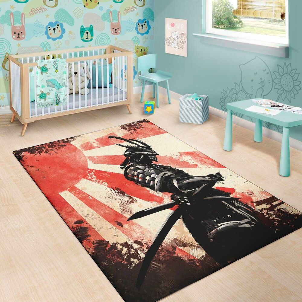 red rising sun samurai print area rug floor decor 5372