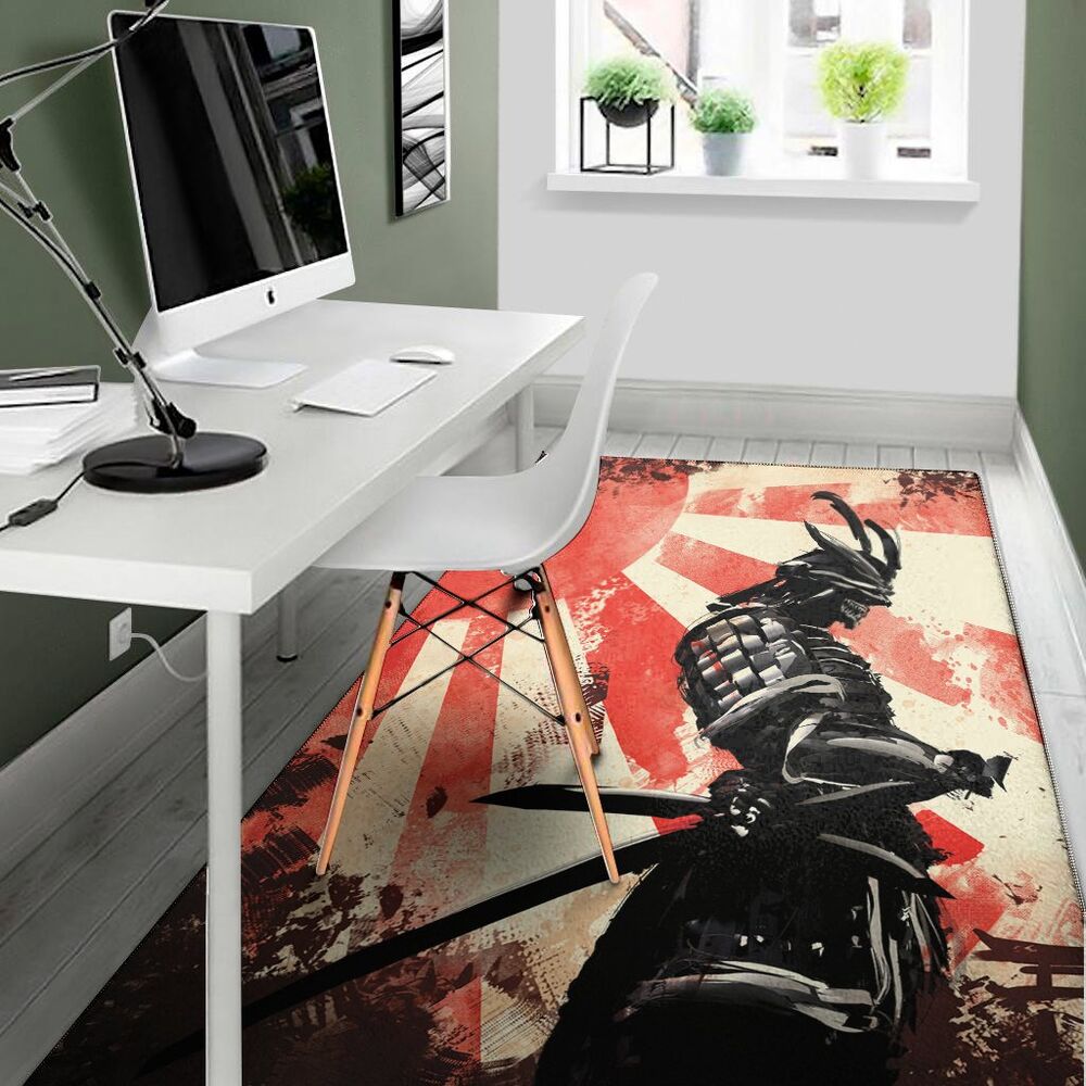 red rising sun samurai print area rug floor decor 6870